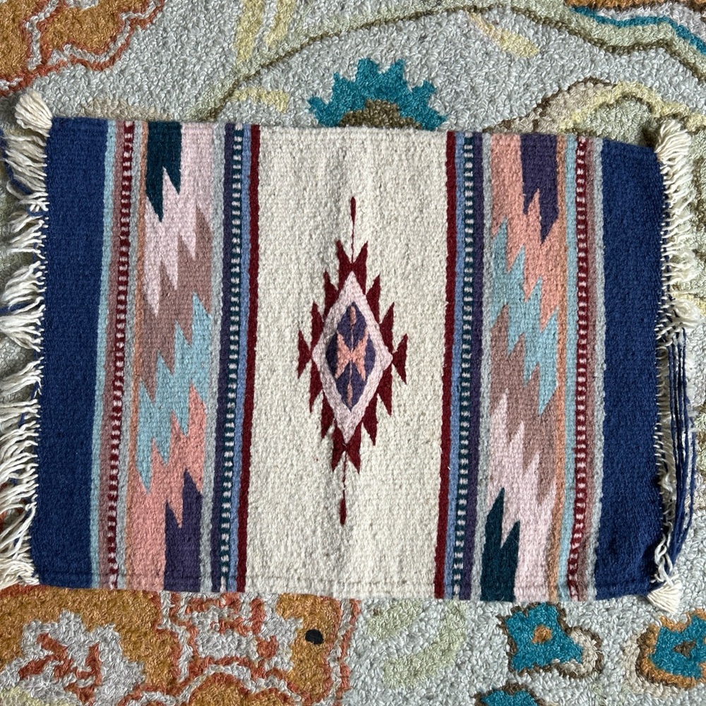 Handwoven Multicolored Wool Chimayo Place Mat Runner Rug Southwest Woven Art